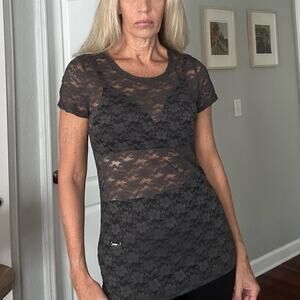 H&M Conscious Grey Sheer Top Short Sleeve Grunge Goth Fall Lace Indie Boho